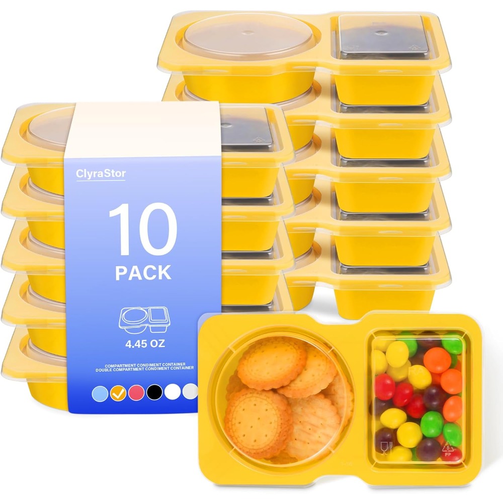Meal Prep Yellow - 2칸짜리 일회용 플라스틱 간식 용기(뚜껑 포함),